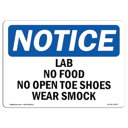 Signmission OSHA Sign, Lab No Food No Open Toe Shoes Wear Smock, 24in X 18in Decal, 24" W, 18" H, Landscap OS-NS-D-1824-L-13920